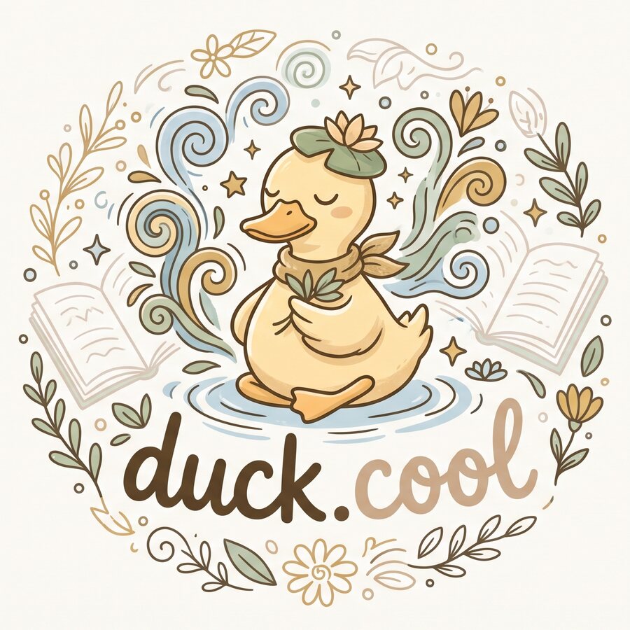 The duck.cool logo: a calm yellow duck with closed eyes and a lily-pad hat, sitting in a pond among swirls, leaves and open books
